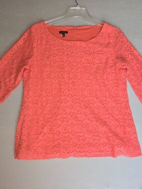 Talbots Coral Pink Lace Top Size M Excellent Condition 3/4 Sleeve Lined Blouse